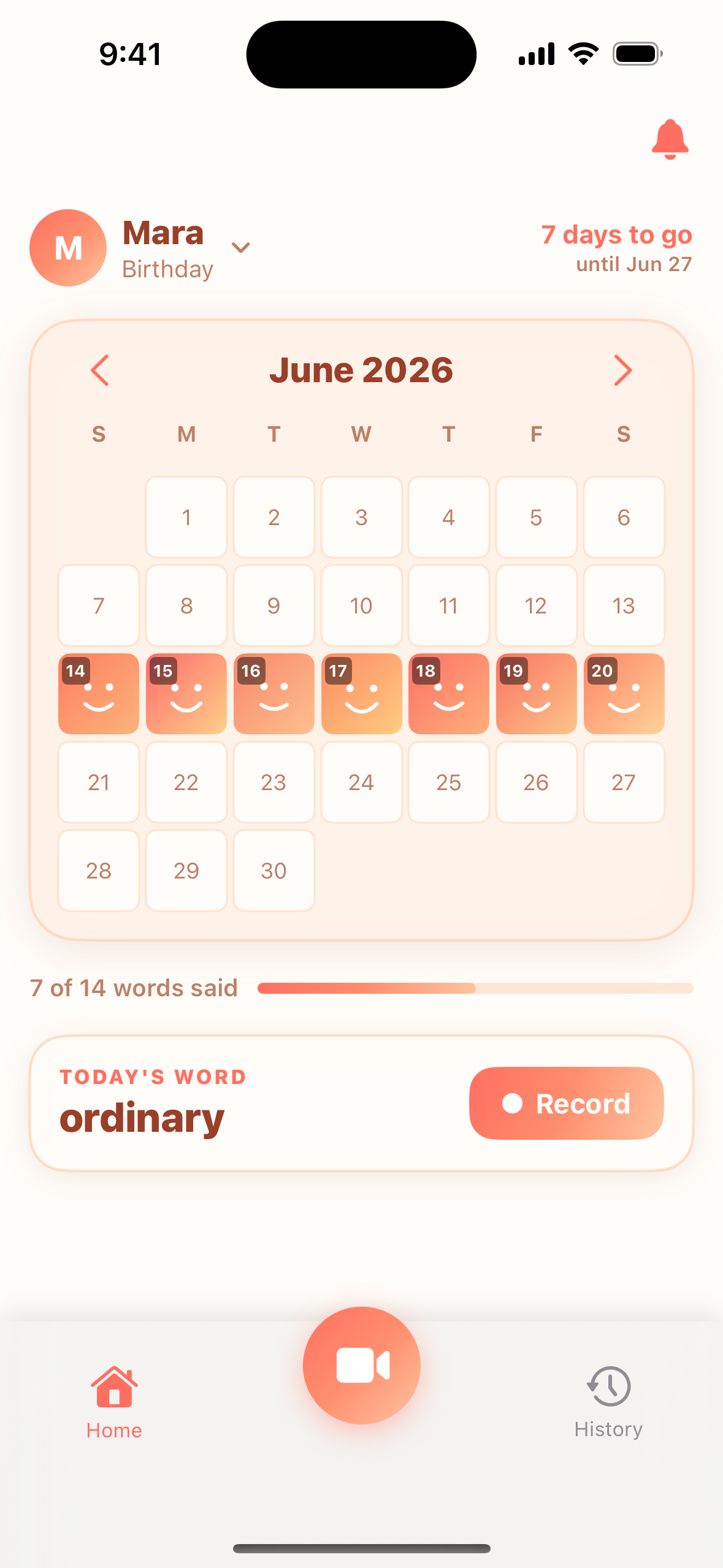 Slow Hello home screen: a calendar of recorded daily words counting down to the milestone
